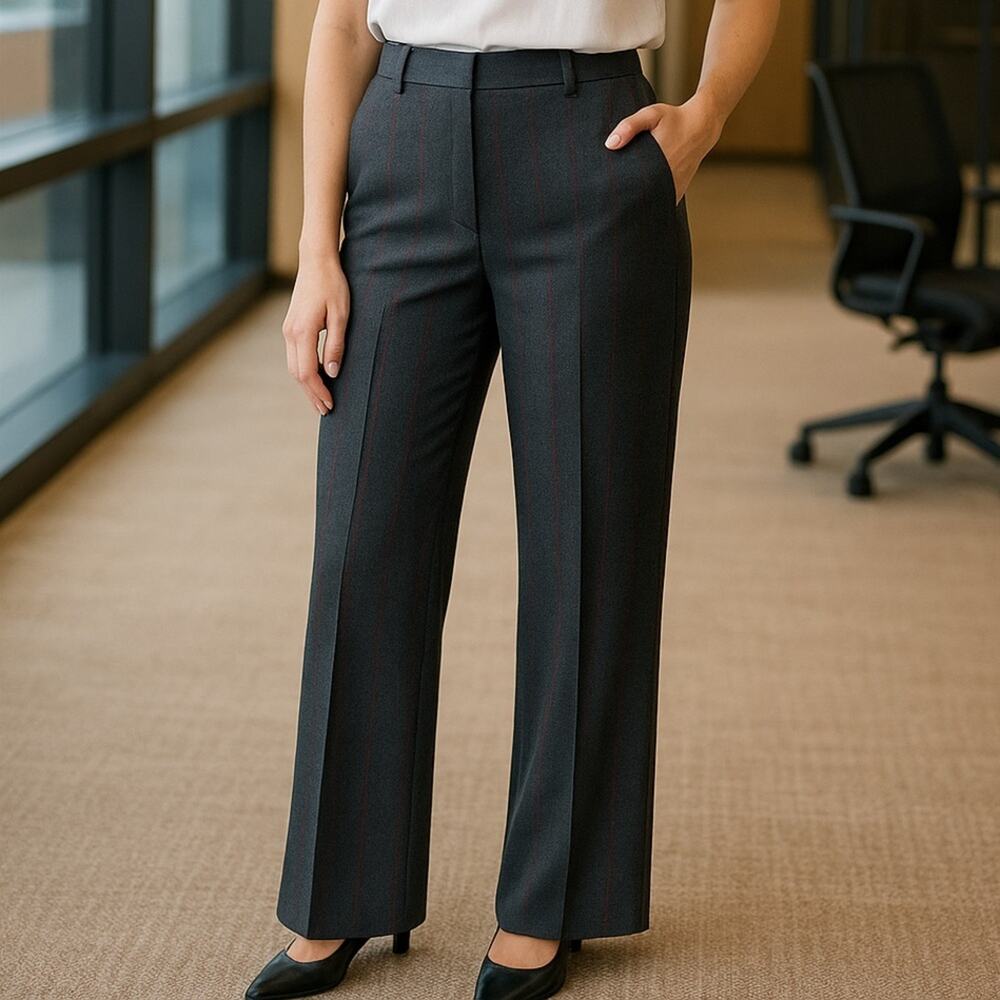 FARHI 100% Virgin Wool Charcoal w Red Pinstripes Straight Leg Pants SZ: 6